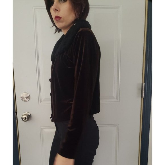 90s/Y2K‎ Brown Velvet Cardigan with Faux Fur Collar - Picture 2 of 3